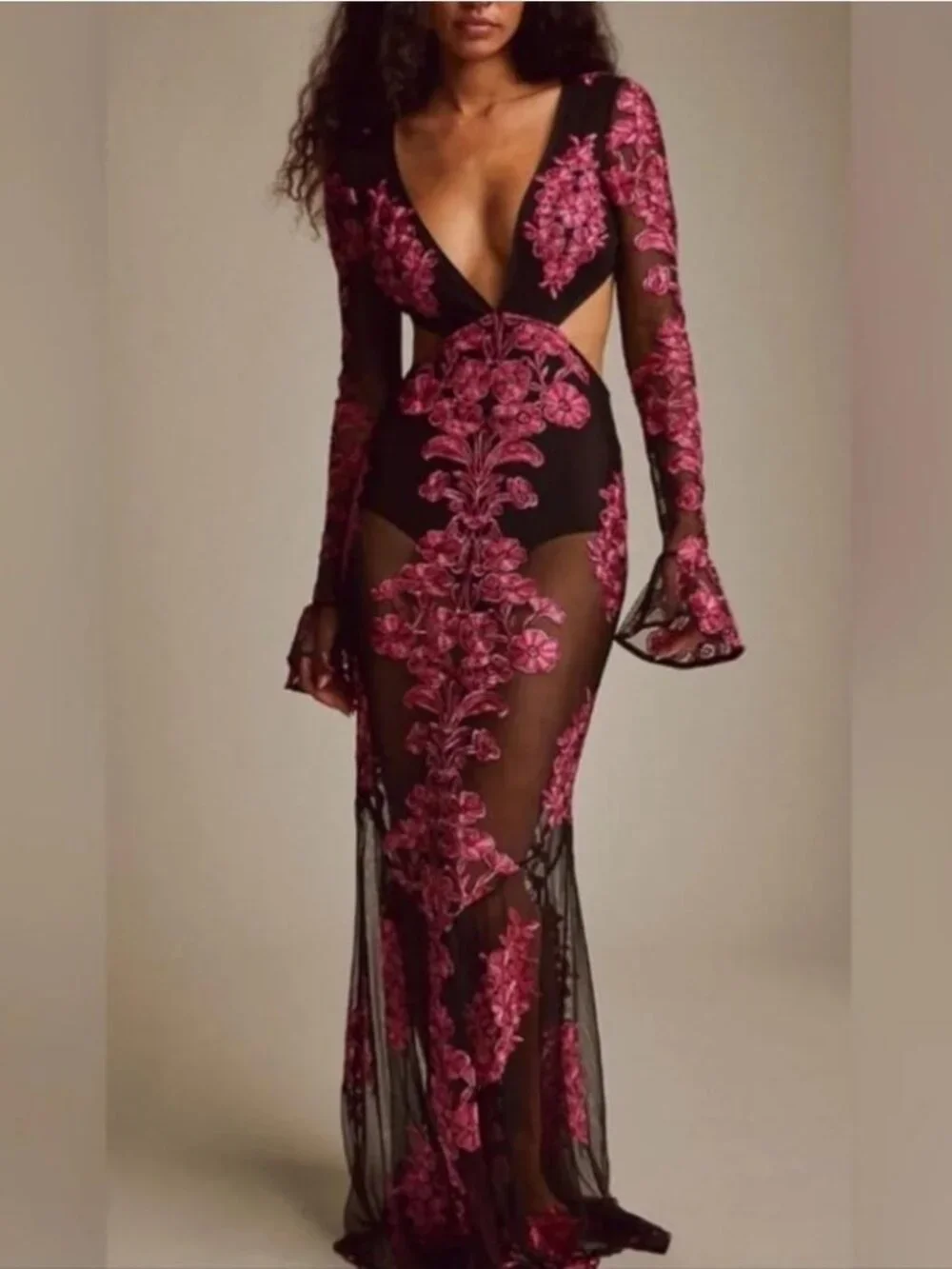 NEW For Love & Lemons Temecula Cut-Out Embroidered Lace Maxi Dress Sheer pink L